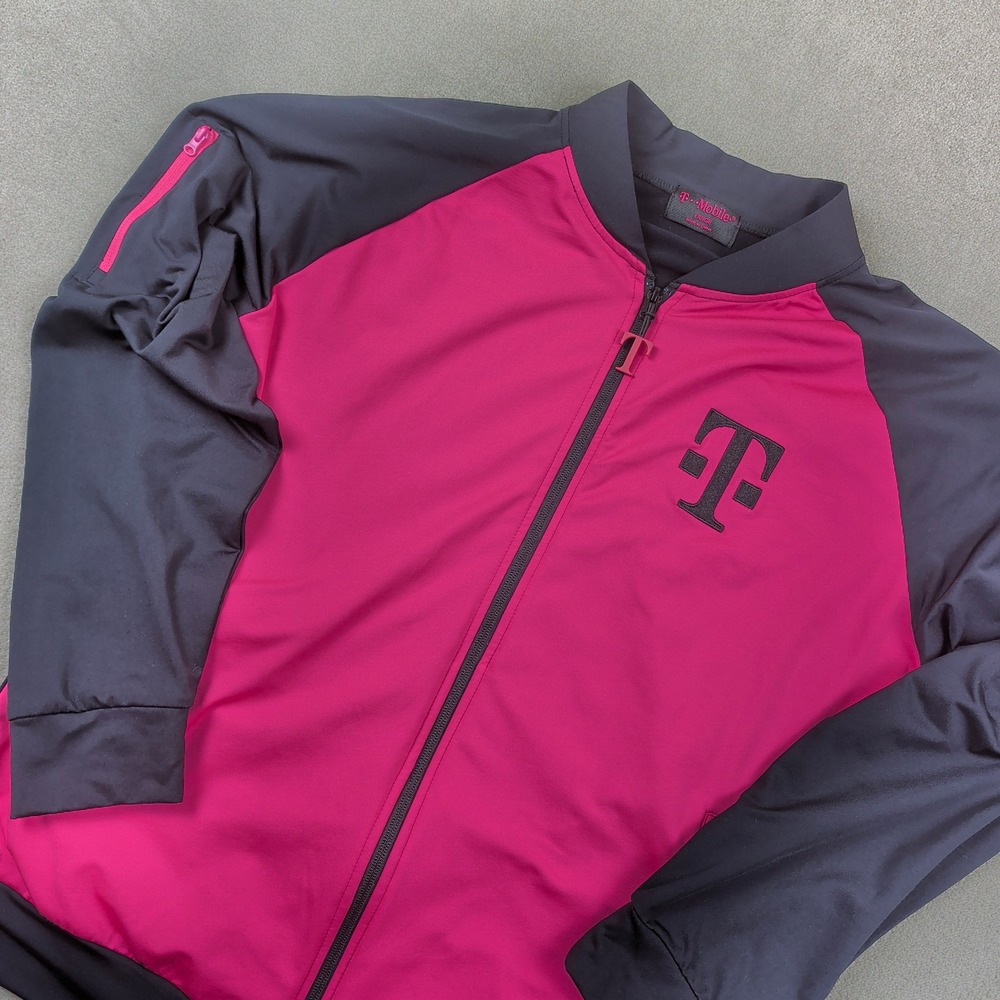 T-Mobile Track Jacket Mens Large Magenta Black Full Zip Employee Uniform Fleece
